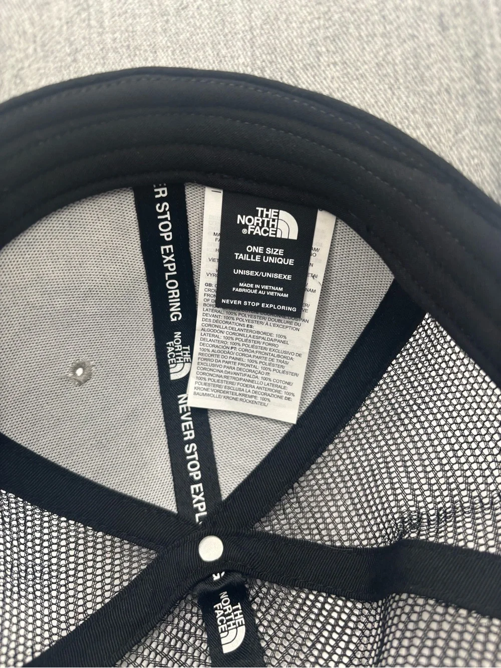 The North Face Embroidered Bear Logo Trucker Hat Snapback Mesh Back Grey/Black.